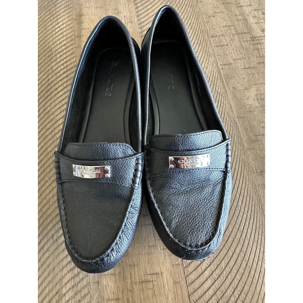 COACH Black Pebbled Leather Driving Moc Loafers with Silver Logo Hardware